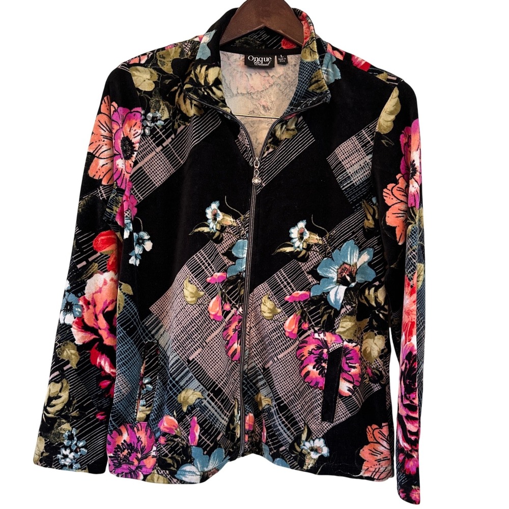 Onque Casual Womens Black Floral Velvet Zip Up Jacket‎ Size L